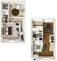 Floor plan for 2 beds, 1.5 baths, 1075 sqft
